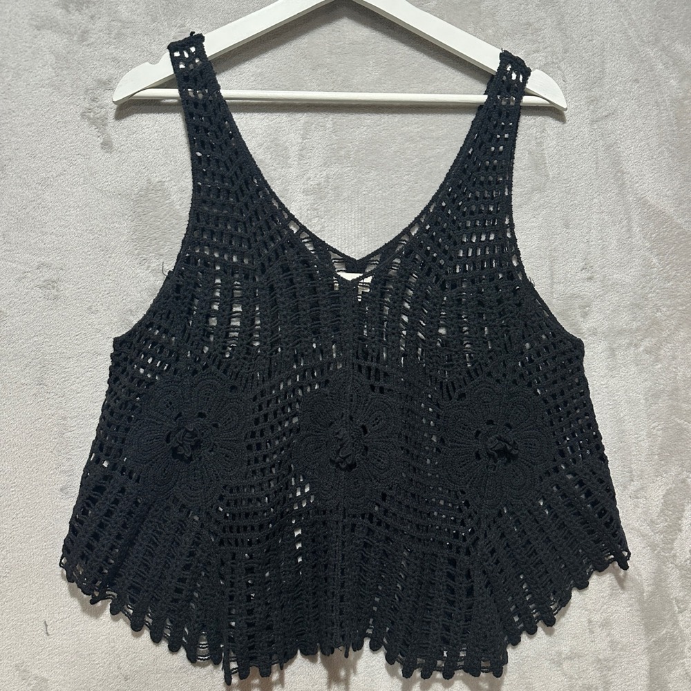 POL Clothing Black Crochet Floral Knit Tank Top SMC307 Boho Boho One Size